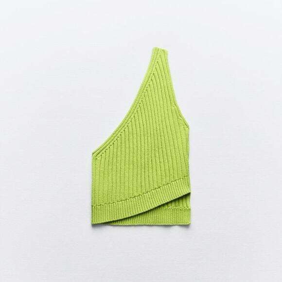 Zara Green ASYMMETRIC RIBBED KNIT TOP Size Medium - Picture 6 of 9